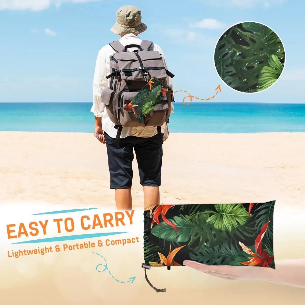 Beach Blanket, Tropical Florals Sandproof Beach Mat, Waterproof Quick Drying Sand Free Mat with 4 x Ground Spikes for Outdoor Travel Camping Hiking, Leaves 68 x 59 in