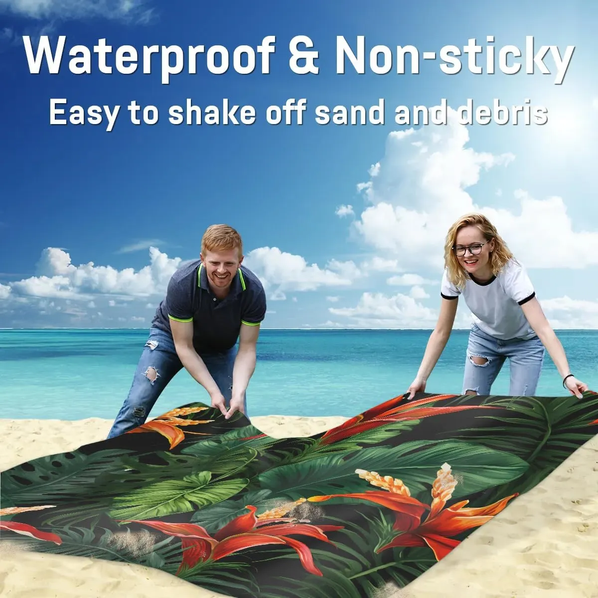 Beach Blanket, Tropical Florals Sandproof Beach Mat, Waterproof Quick Drying Sand Free Mat with 4 x Ground Spikes for Outdoor Travel Camping Hiking, Leaves 68 x 59 in