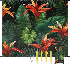 Beach Blanket, Tropical Florals Sandproof Beach Mat, Waterproof Quick Drying Sand Free Mat with 4 x Ground Spikes for Outdoor Travel Camping Hiking, Leaves 68 x 59 in