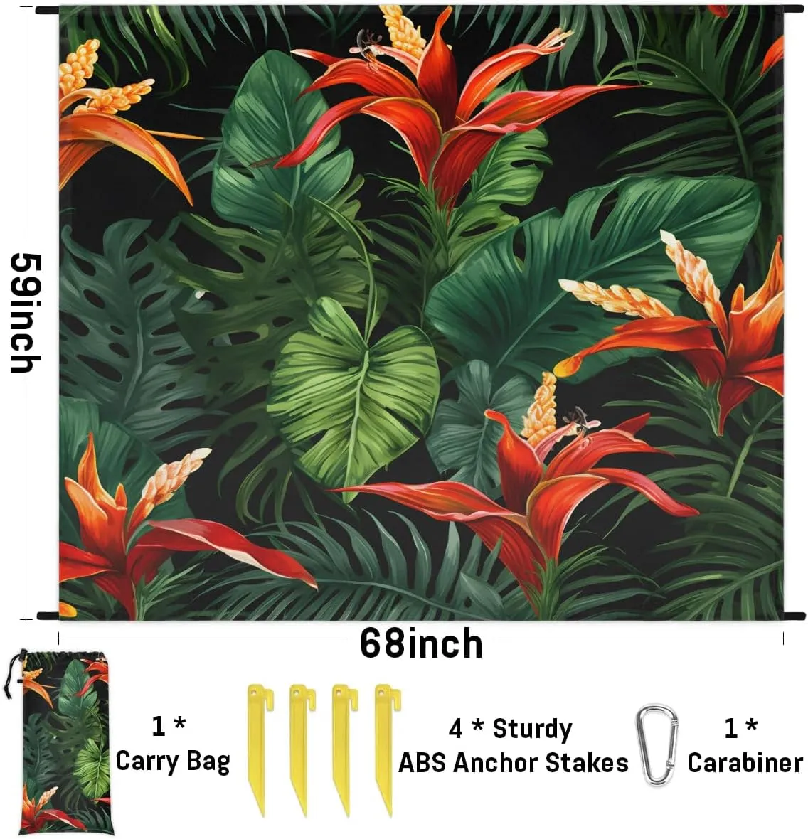 Beach Blanket, Tropical Florals Sandproof Beach Mat, Waterproof Quick Drying Sand Free Mat with 4 x Ground Spikes for Outdoor Travel Camping Hiking, Leaves 68 x 59 in