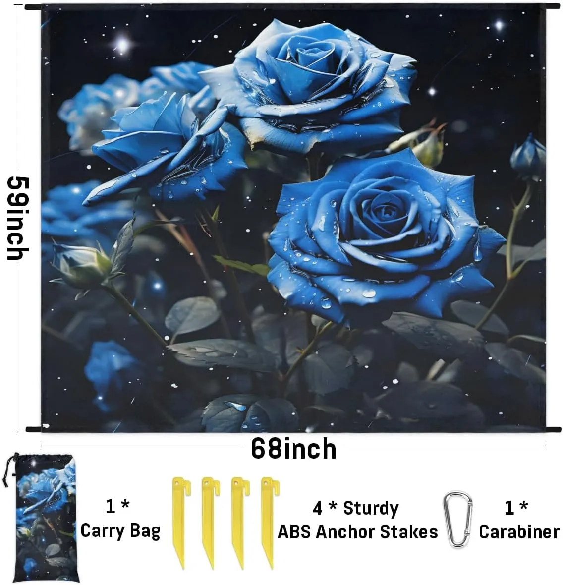 Beach Blanket, Vintage Blue Rose Sandproof Beach Mat, Waterproof Quick Drying Sand Free Mat with 4 x Ground Spikes for Outdoor Travel Camping Hiking, Valentine's Day Flower 68 x 59 in