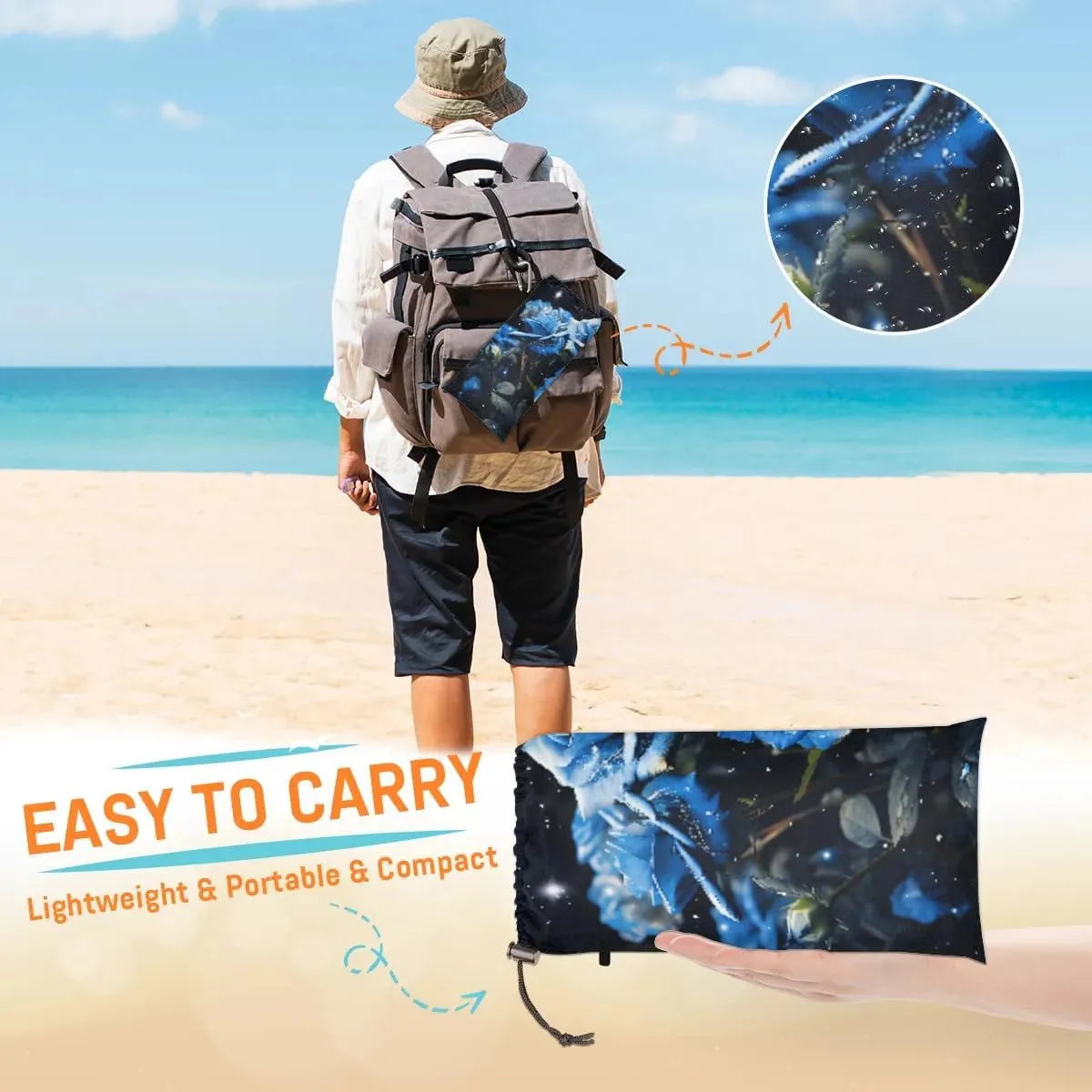 Beach Blanket, Vintage Blue Rose Sandproof Beach Mat, Waterproof Quick Drying Sand Free Mat with 4 x Ground Spikes for Outdoor Travel Camping Hiking, Valentine's Day Flower 68 x 59 in
