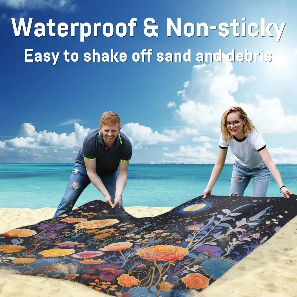 Beach Blanket, Vintage Flower Retro Plant Sandproof Beach Mat, Waterproof Quick Drying Sand Free Mat with 4 x Ground Spikes for Outdoor Travel Camping Hiking, Boho Flower 68 x 59 in