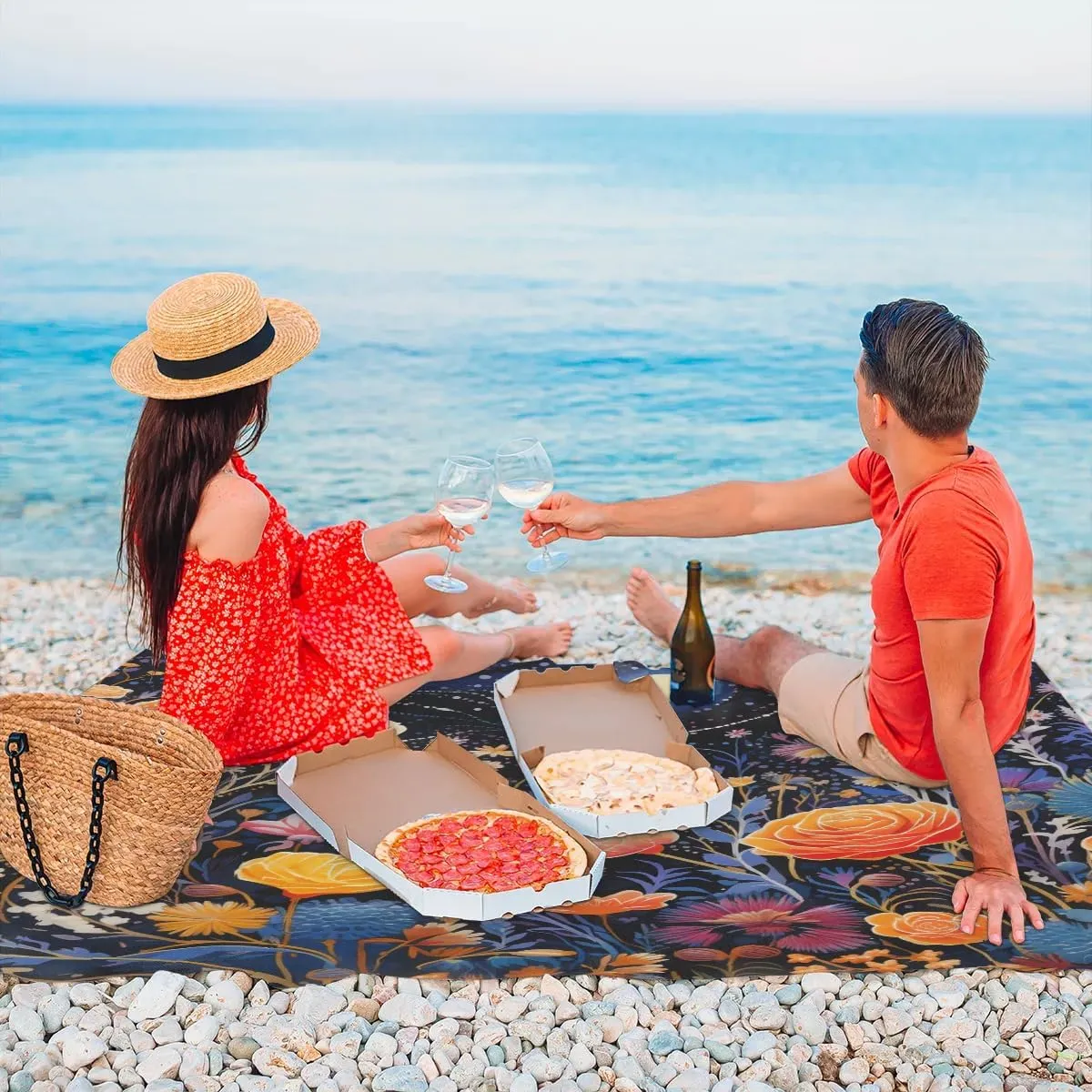 Beach Blanket, Vintage Flower Retro Plant Sandproof Beach Mat, Waterproof Quick Drying Sand Free Mat with 4 x Ground Spikes for Outdoor Travel Camping Hiking, Boho Flower 68 x 59 in
