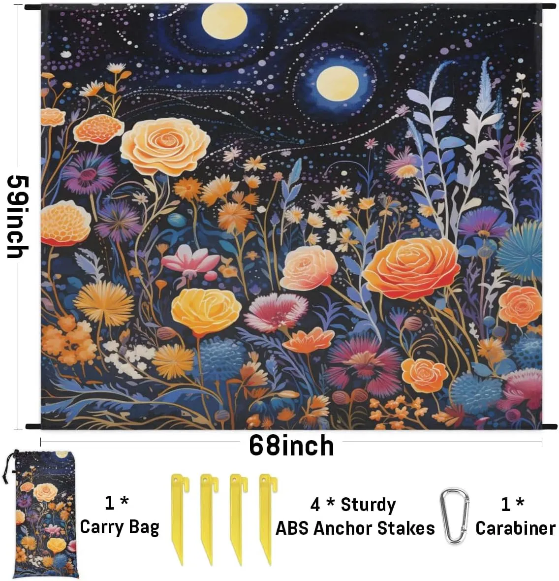 Beach Blanket, Vintage Flower Retro Plant Sandproof Beach Mat, Waterproof Quick Drying Sand Free Mat with 4 x Ground Spikes for Outdoor Travel Camping Hiking, Boho Flower 68 x 59 in