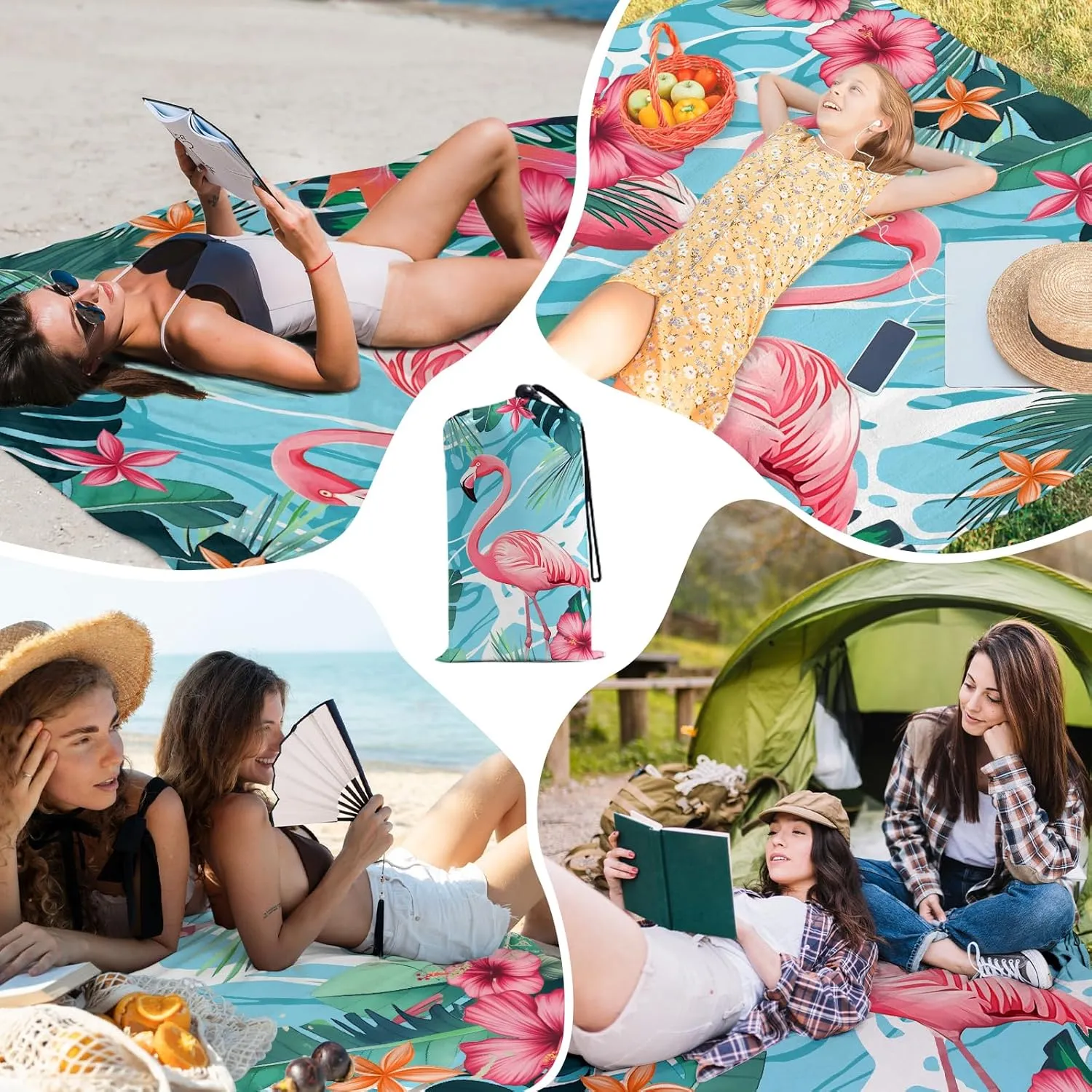 Beach Blanket Waterproof Sandproof, Flamingo Beach Mat 83"×95"/8 × 7 FT for 4 Adults, Quick Drying Lightweight Outdoor Picnic Blanket Mat for Travel Camping Hiking, Beach Essentials for Vacation