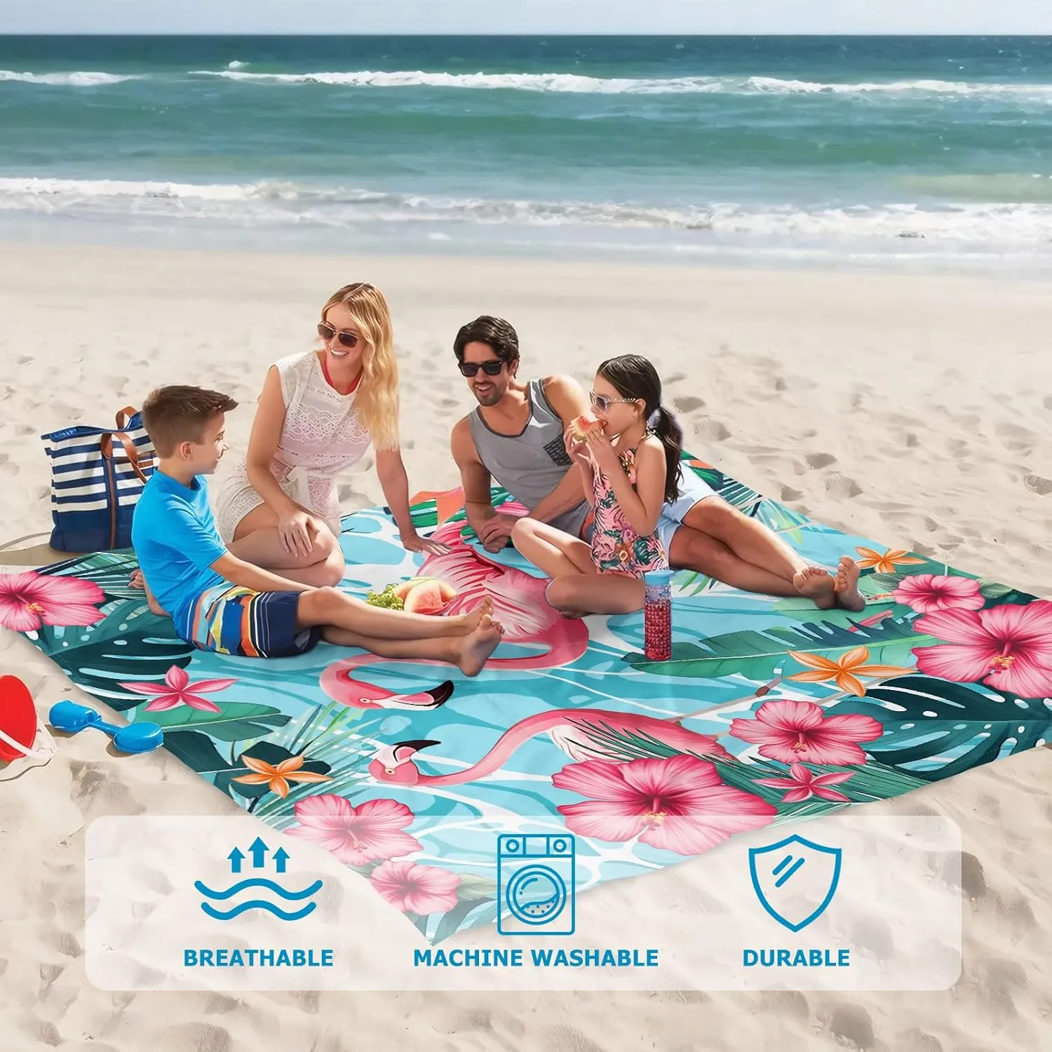 Beach Blanket Waterproof Sandproof, Flamingo Beach Mat 83"×95"/8 × 7 FT for 4 Adults, Quick Drying Lightweight Outdoor Picnic Blanket Mat for Travel Camping Hiking, Beach Essentials for Vacation