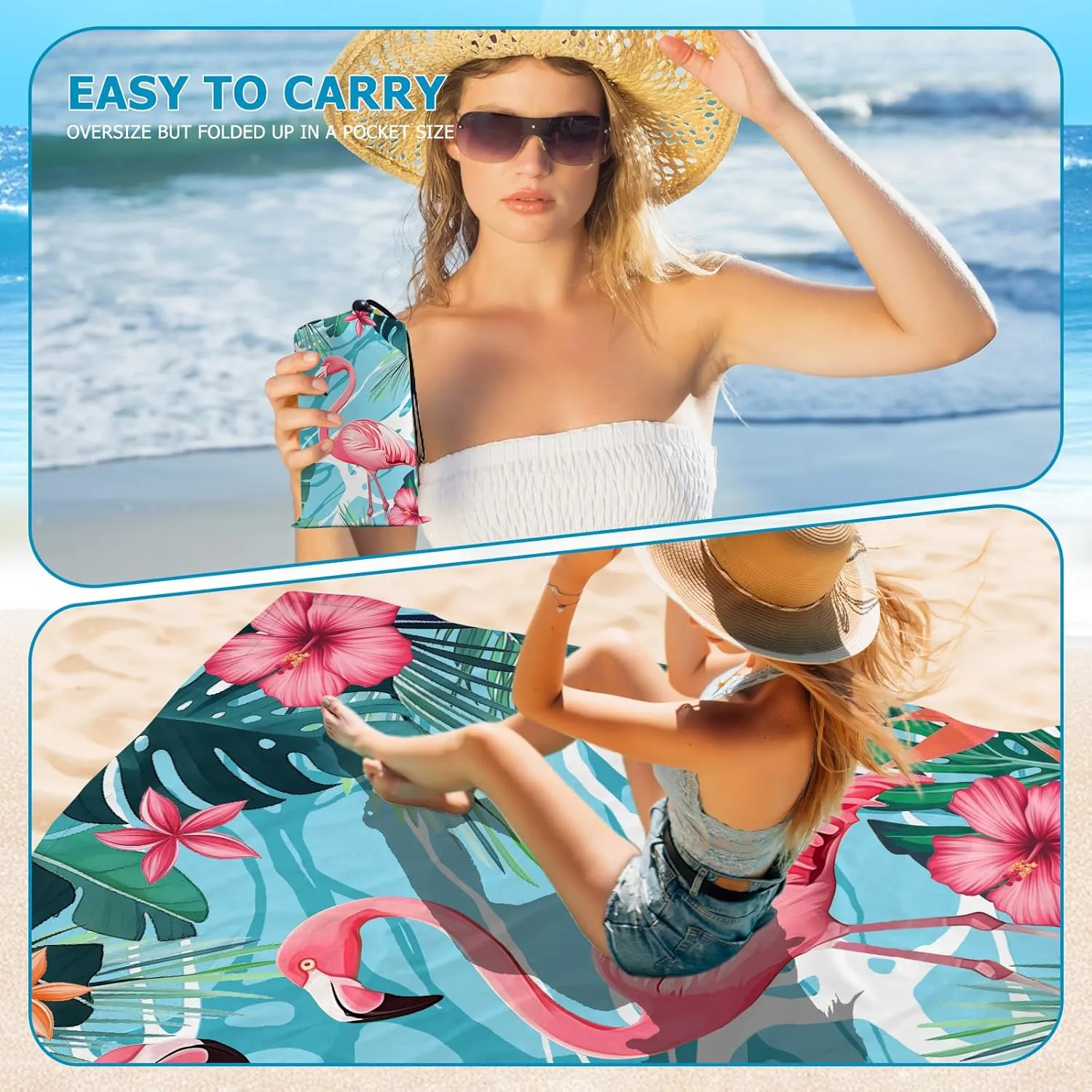 Beach Blanket Waterproof Sandproof, Flamingo Beach Mat 83"×95"/8 × 7 FT for 4 Adults, Quick Drying Lightweight Outdoor Picnic Blanket Mat for Travel Camping Hiking, Beach Essentials for Vacation