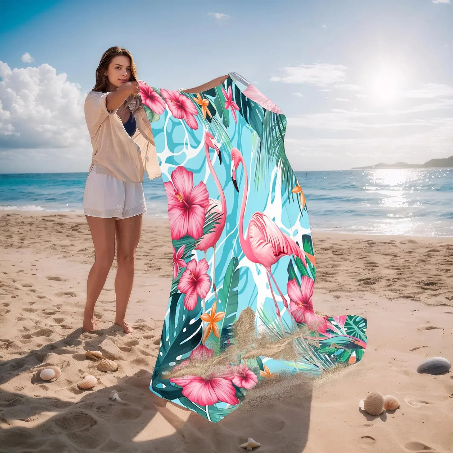 Beach Blanket Waterproof Sandproof, Flamingo Beach Mat 83"×95"/8 × 7 FT for 4 Adults, Quick Drying Lightweight Outdoor Picnic Blanket Mat for Travel Camping Hiking, Beach Essentials for Vacation