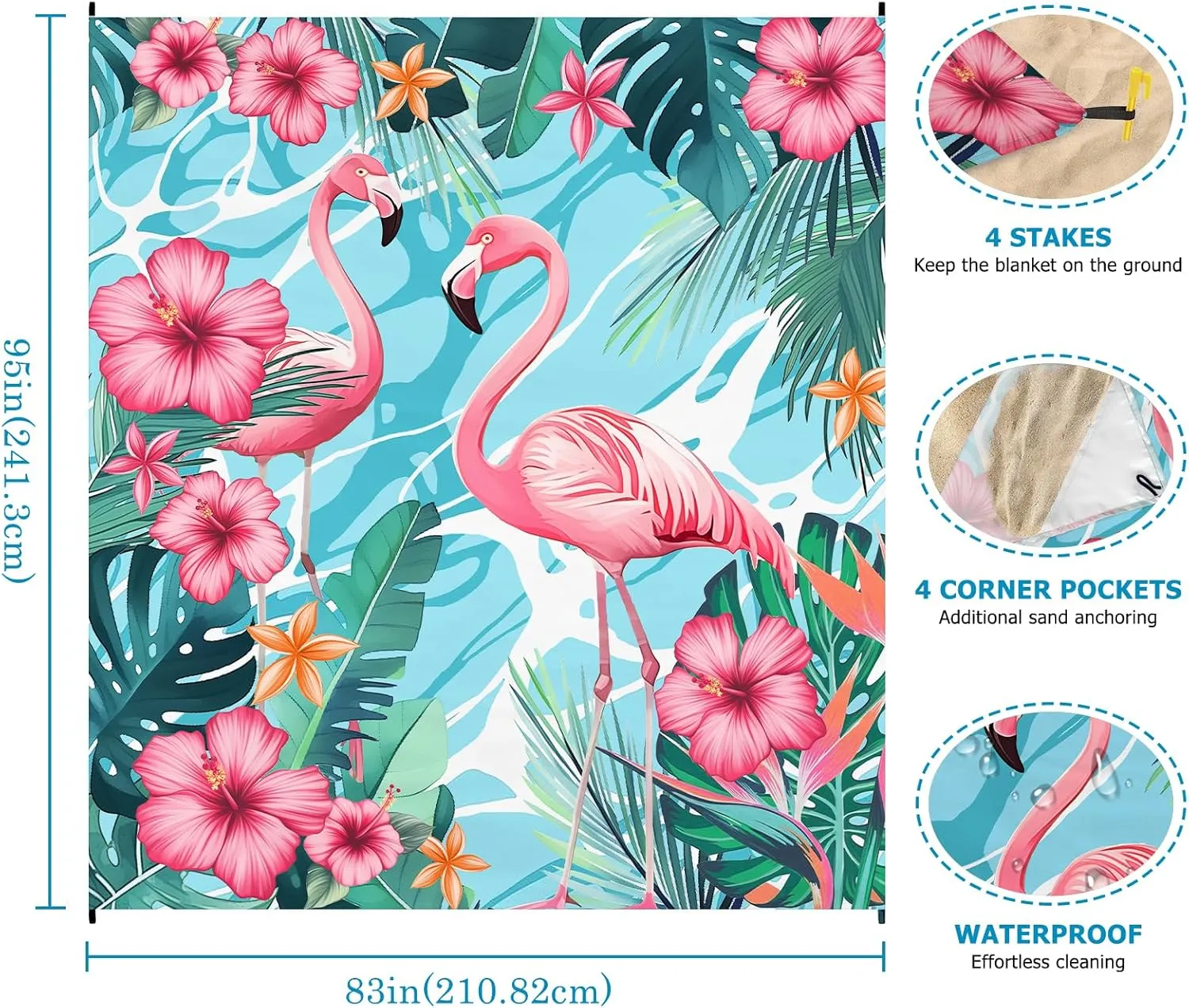 Beach Blanket Waterproof Sandproof, Flamingo Beach Mat 83"×95"/8 × 7 FT for 4 Adults, Quick Drying Lightweight Outdoor Picnic Blanket Mat for Travel Camping Hiking, Beach Essentials for Vacation