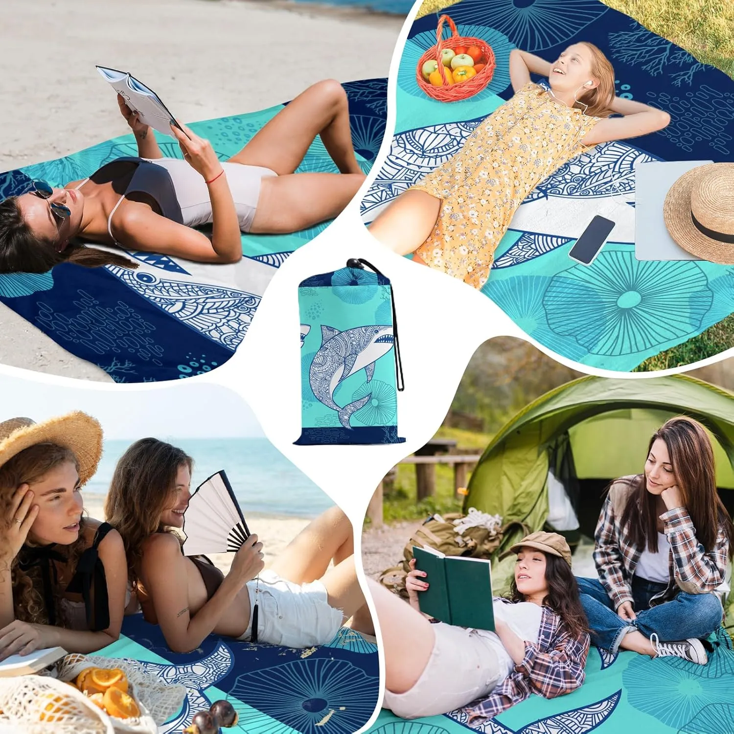 Beach Blanket Waterproof Sandproof, Shark Beach Mat 83"×95"/8 × 7 FT for 4 Adults, Quick Drying Lightweight Outdoor Picnic Blanket Mat for Travel Camping Hiking, Beach Essentials for Vacation
