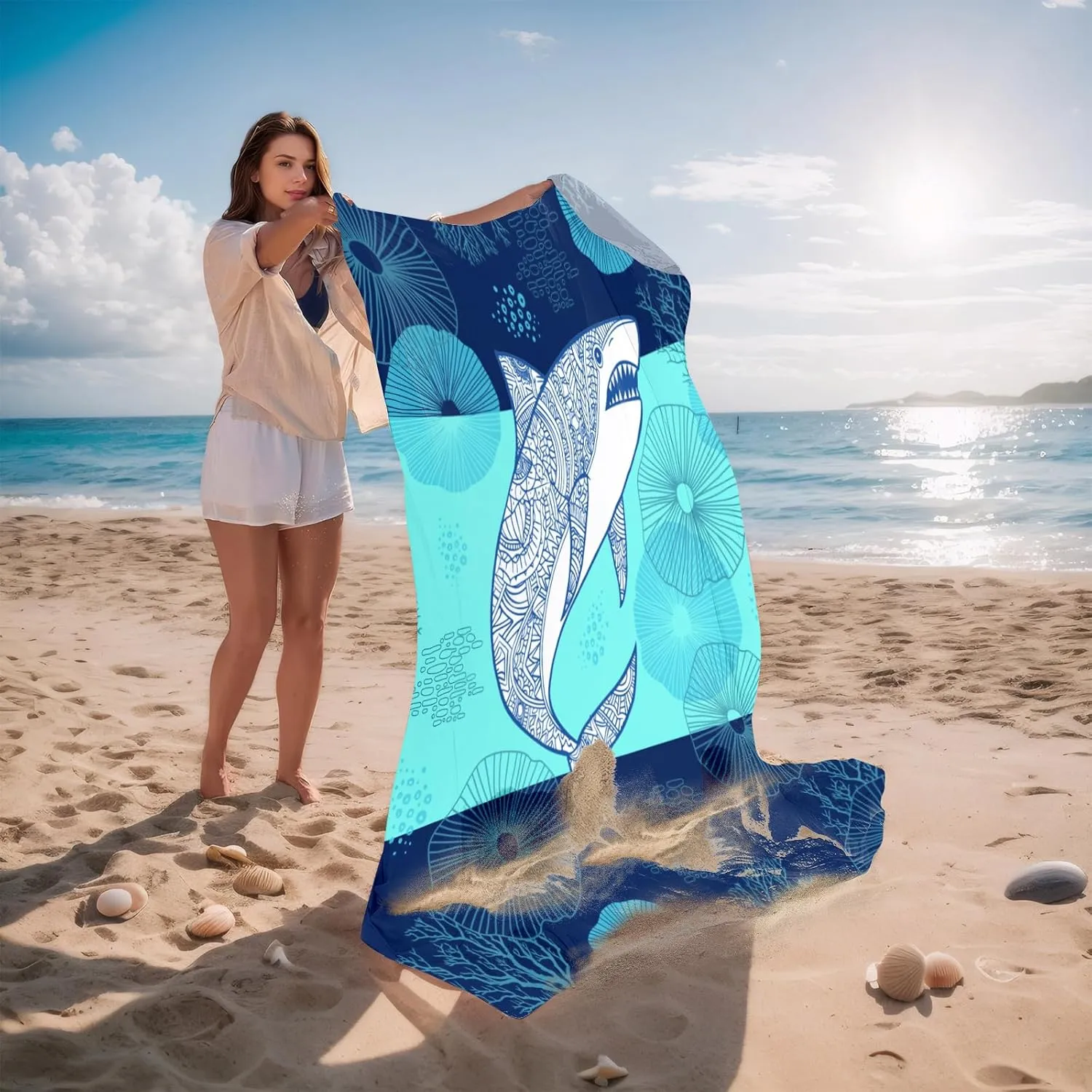 Beach Blanket Waterproof Sandproof, Shark Beach Mat 83"×95"/8 × 7 FT for 4 Adults, Quick Drying Lightweight Outdoor Picnic Blanket Mat for Travel Camping Hiking, Beach Essentials for Vacation