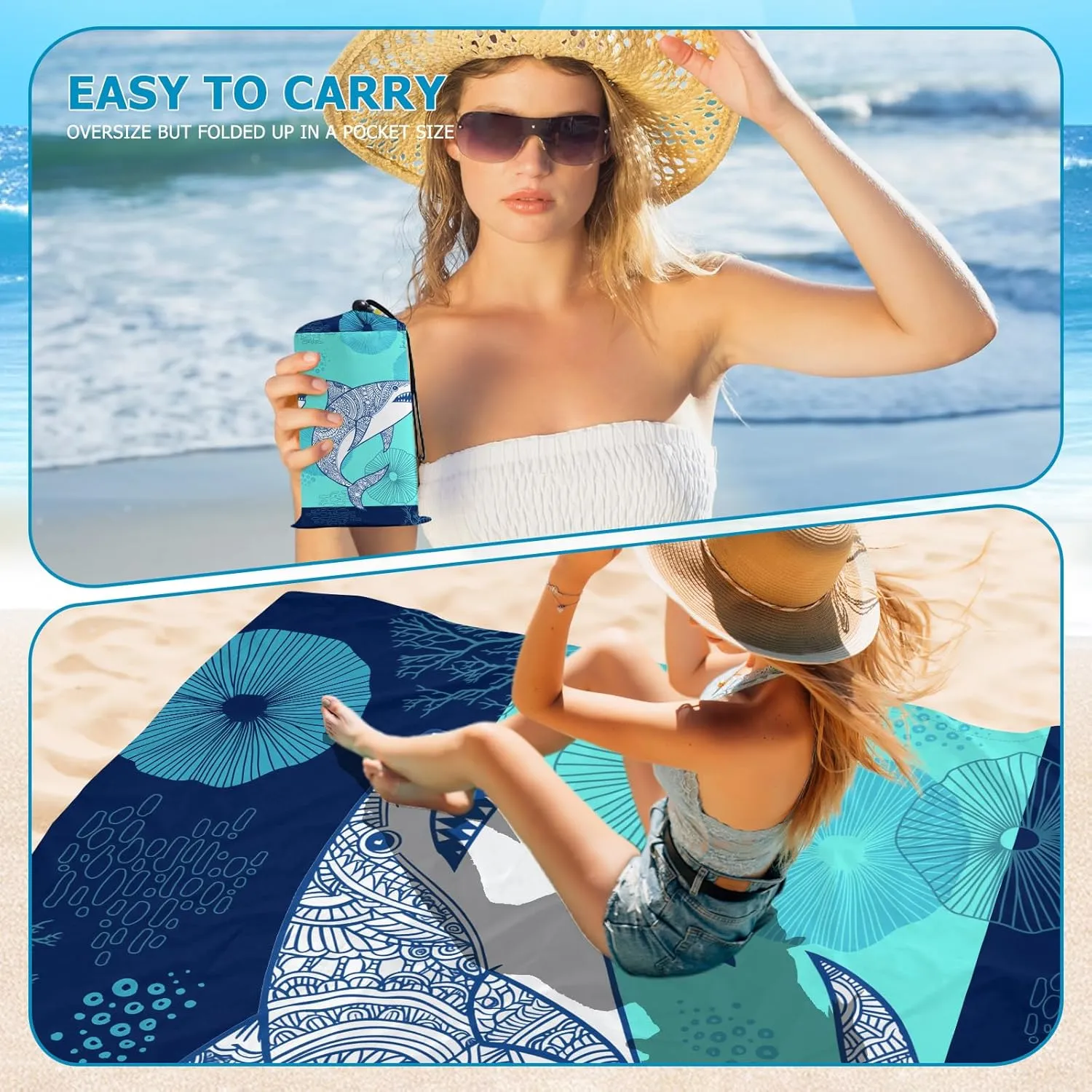 Beach Blanket Waterproof Sandproof, Shark Beach Mat 83"×95"/8 × 7 FT for 4 Adults, Quick Drying Lightweight Outdoor Picnic Blanket Mat for Travel Camping Hiking, Beach Essentials for Vacation