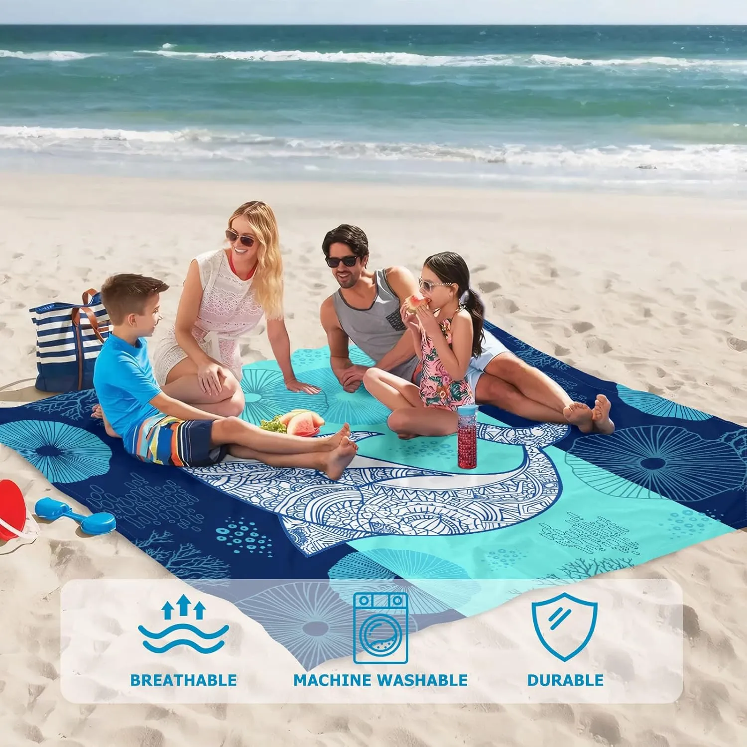 Beach Blanket Waterproof Sandproof, Shark Beach Mat 83"×95"/8 × 7 FT for 4 Adults, Quick Drying Lightweight Outdoor Picnic Blanket Mat for Travel Camping Hiking, Beach Essentials for Vacation