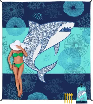 Beach Blanket Waterproof Sandproof, Shark Beach Mat 83"×95"/8 × 7 FT for 4 Adults, Quick Drying Lightweight Outdoor Picnic Blanket Mat for Travel Camping Hiking, Beach Essentials for Vacation
