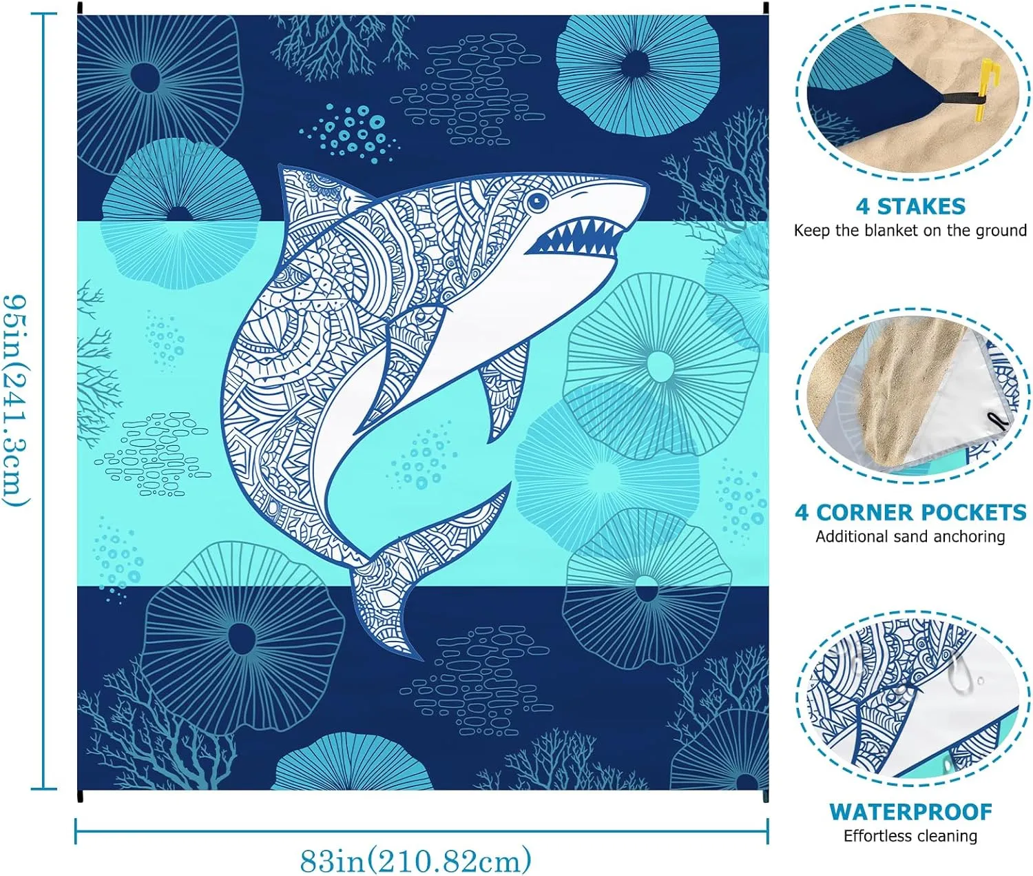 Beach Blanket Waterproof Sandproof, Shark Beach Mat 83"×95"/8 × 7 FT for 4 Adults, Quick Drying Lightweight Outdoor Picnic Blanket Mat for Travel Camping Hiking, Beach Essentials for Vacation