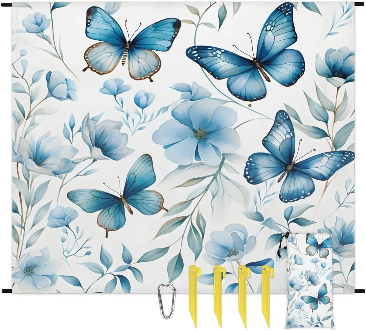 Beach Blanket, Wildflower Spring Floral Butterfly Sandproof Beach Mat, Waterproof Quick Drying Sand Free Mat with 4 x Ground Spikes for Outdoor Travel Camping Hiking, Flower 68 x 59 in