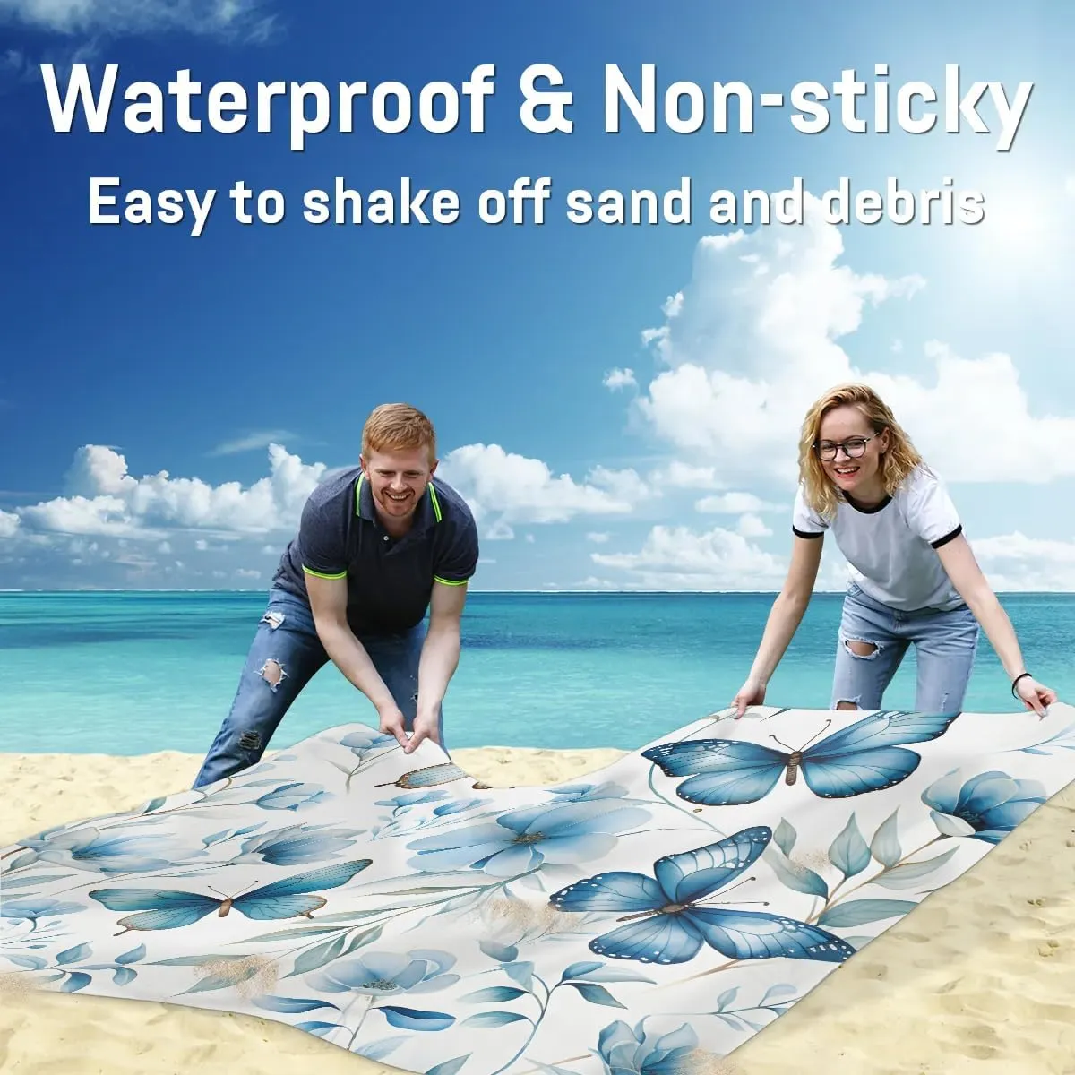 Beach Blanket, Wildflower Spring Floral Butterfly Sandproof Beach Mat, Waterproof Quick Drying Sand Free Mat with 4 x Ground Spikes for Outdoor Travel Camping Hiking, Flower 68 x 59 in