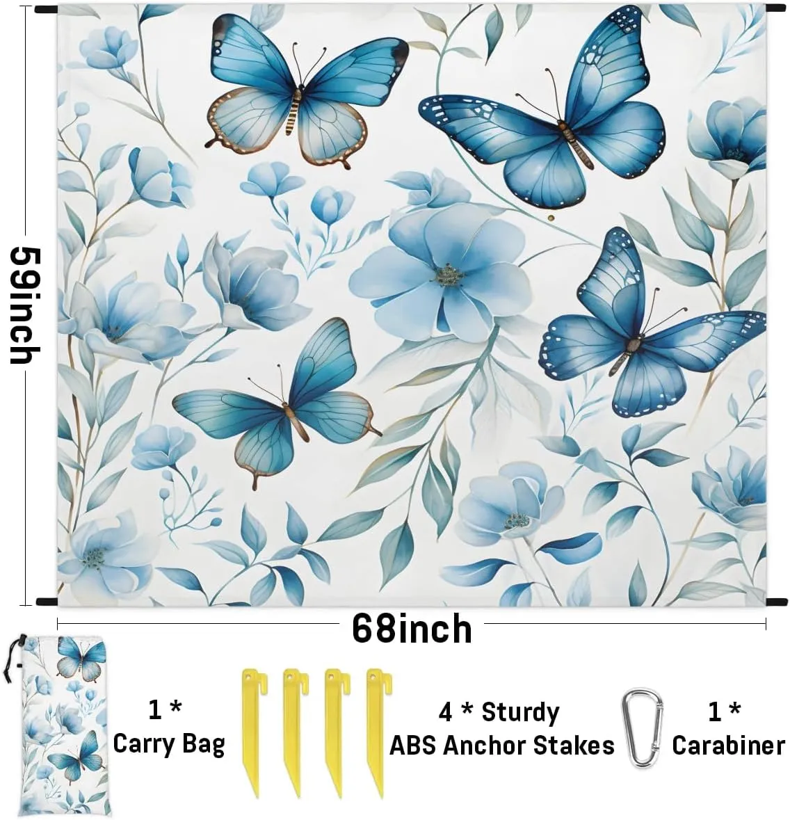 Beach Blanket, Wildflower Spring Floral Butterfly Sandproof Beach Mat, Waterproof Quick Drying Sand Free Mat with 4 x Ground Spikes for Outdoor Travel Camping Hiking, Flower 68 x 59 in