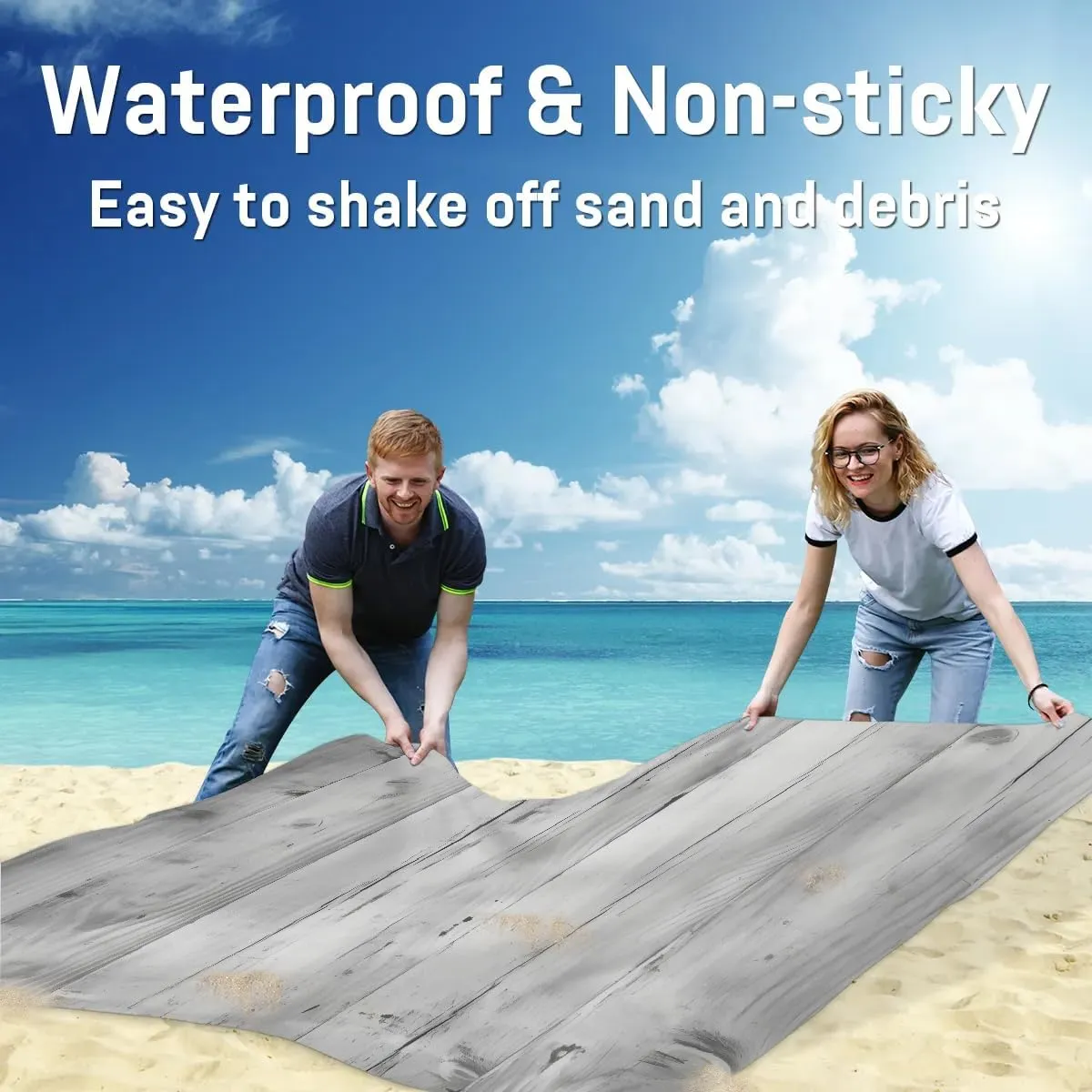 Beach Blanket, Wood Grain Sandproof Beach Mat, Waterproof Quick Drying Sand Free Mat with 4 x Ground Spikes for Outdoor Travel Camping Hiking, Wood 68 x 59 in
