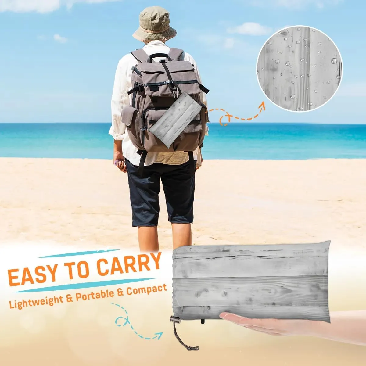 Beach Blanket, Wood Grain Sandproof Beach Mat, Waterproof Quick Drying Sand Free Mat with 4 x Ground Spikes for Outdoor Travel Camping Hiking, Wood 68 x 59 in