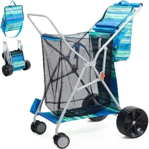 Beach Cart with Big Wheels for Sand, Collapsible All-Terrain Beach Wagon with Cooler Bag & Umbrella Holder, Large Mesh Storage, Supports 100lbs for Camping, Outdoor, Shopping, Blue