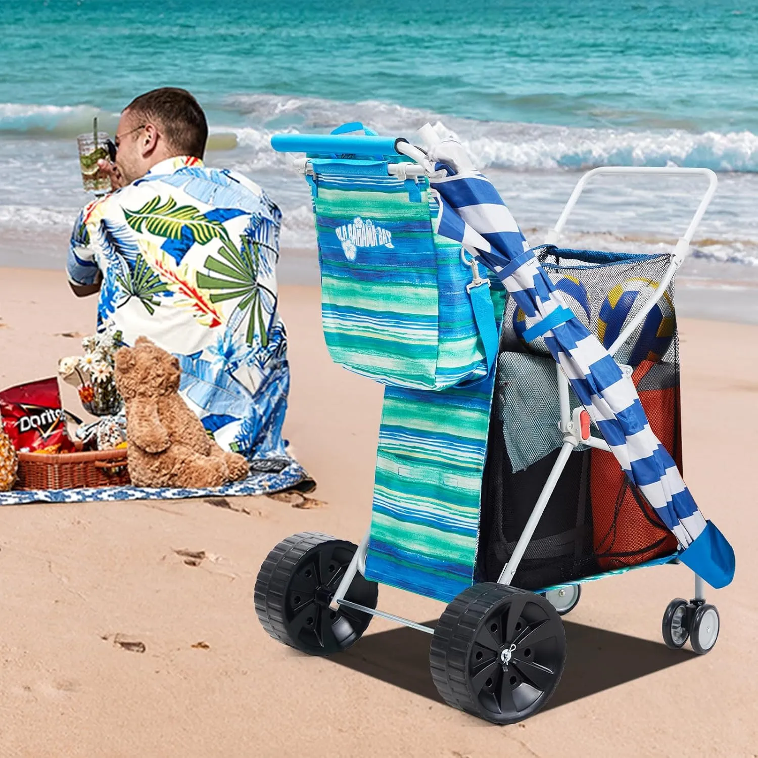 Beach Cart with Big Wheels for Sand, Collapsible All-Terrain Beach Wagon with Cooler Bag & Umbrella Holder, Large Mesh Storage, Supports 100lbs for Camping, Outdoor, Shopping, Blue