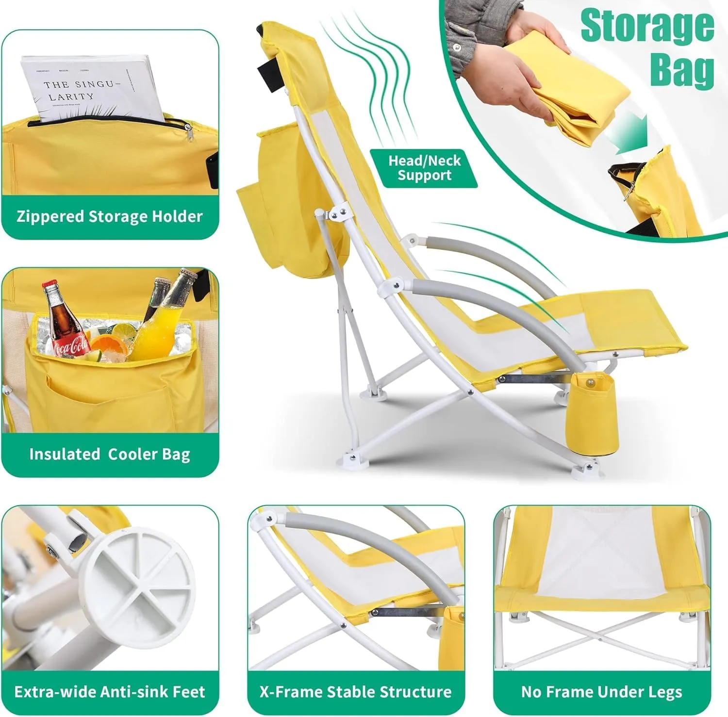 Beach Chair Beach Folding Chair for Adults Camping Chair High Back with Umbrella and Cooler Bag, Huge Shade, Portable & Lightweight for Beach, Outdoor, Camping (1, Fresh Banana Yellow)