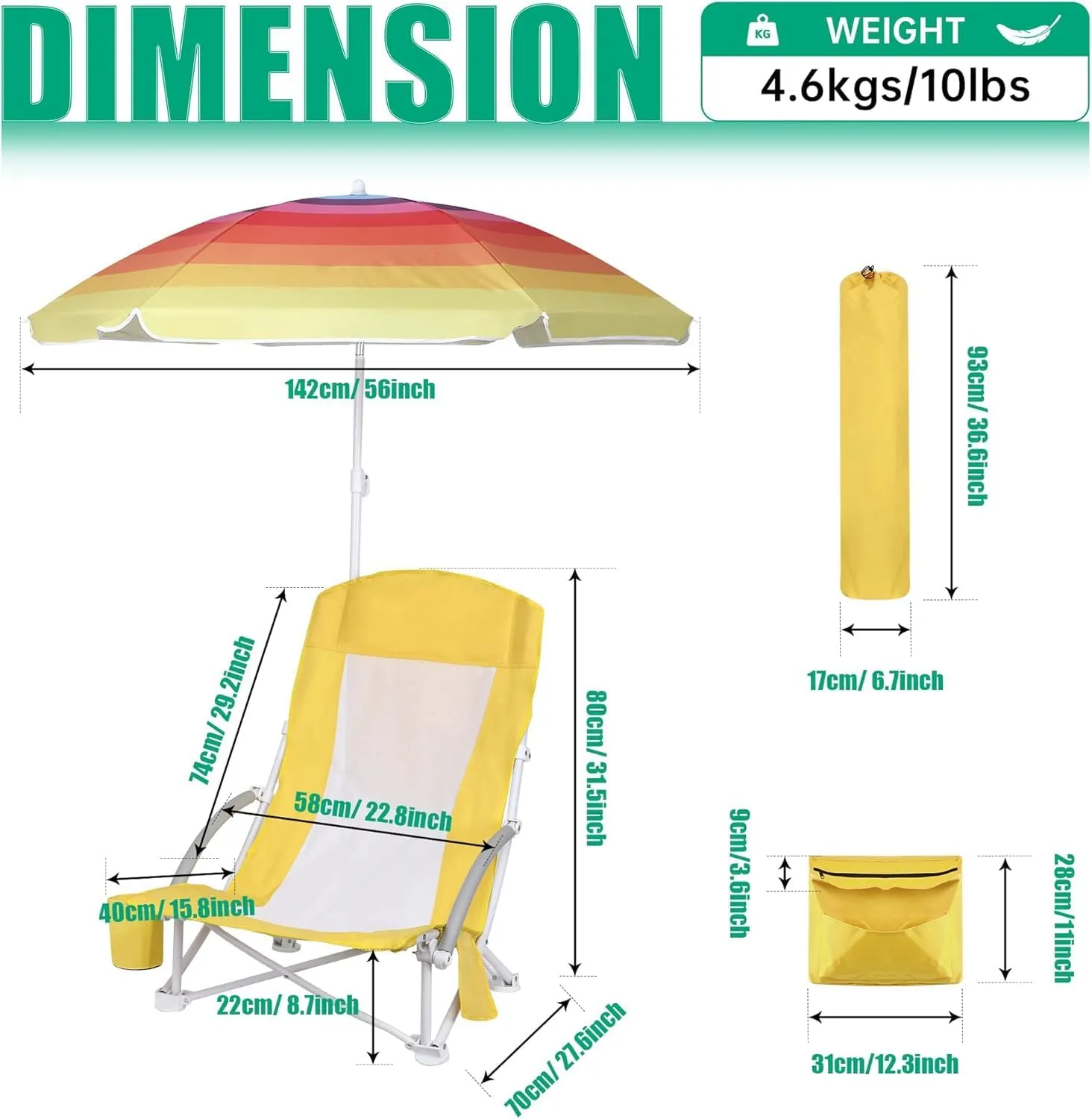 Beach Chair Beach Folding Chair for Adults Camping Chair High Back with Umbrella and Cooler Bag, Huge Shade, Portable & Lightweight for Beach, Outdoor, Camping (1, Fresh Banana Yellow)