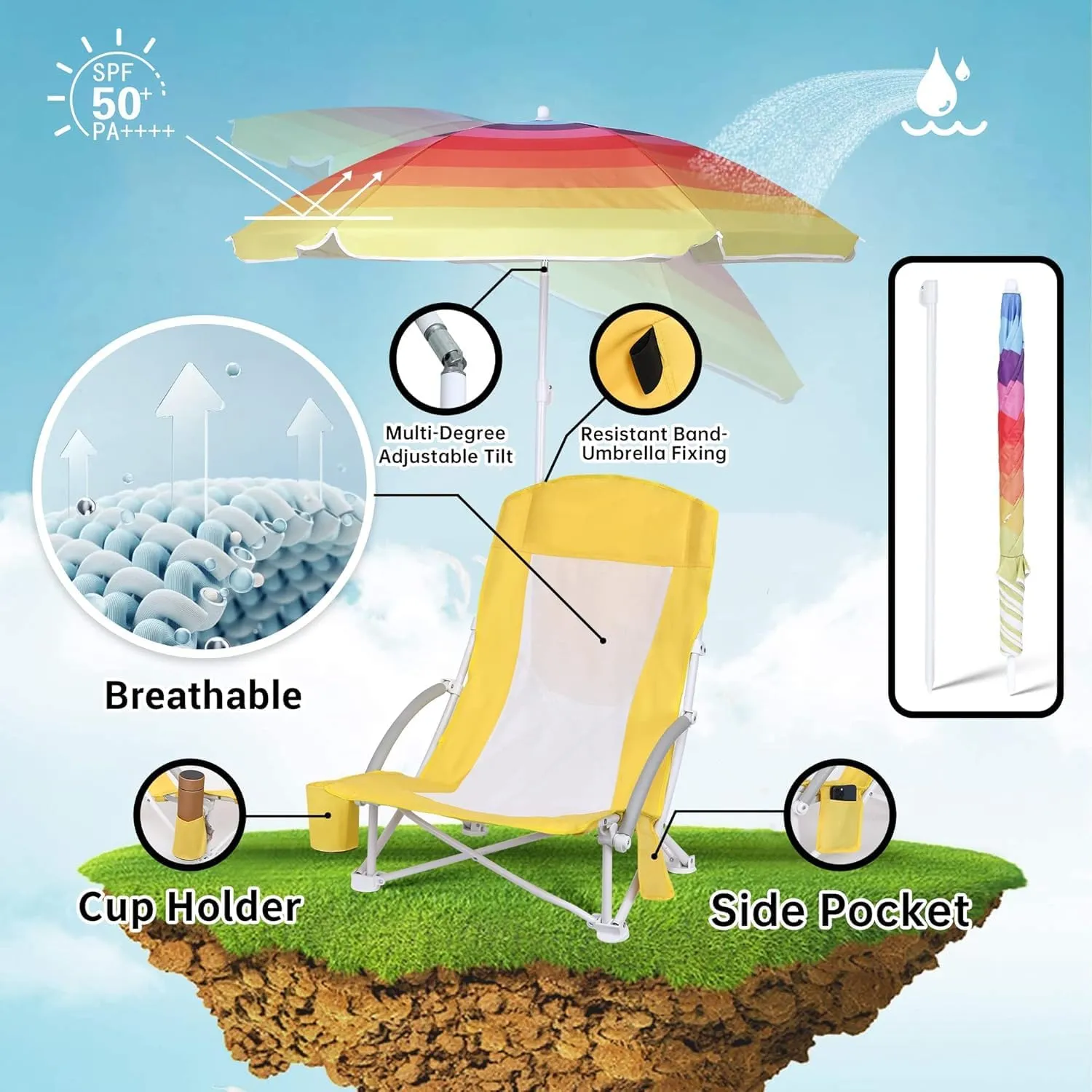 Beach Chair Beach Folding Chair for Adults Camping Chair High Back with Umbrella and Cooler Bag, Huge Shade, Portable & Lightweight for Beach, Outdoor, Camping (1, Fresh Banana Yellow)