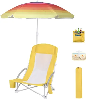 Beach Chair Beach Folding Chair for Adults Camping Chair High Back with Umbrella and Cooler Bag, Huge Shade, Portable & Lightweight for Beach, Outdoor, Camping (1, Fresh Banana Yellow)