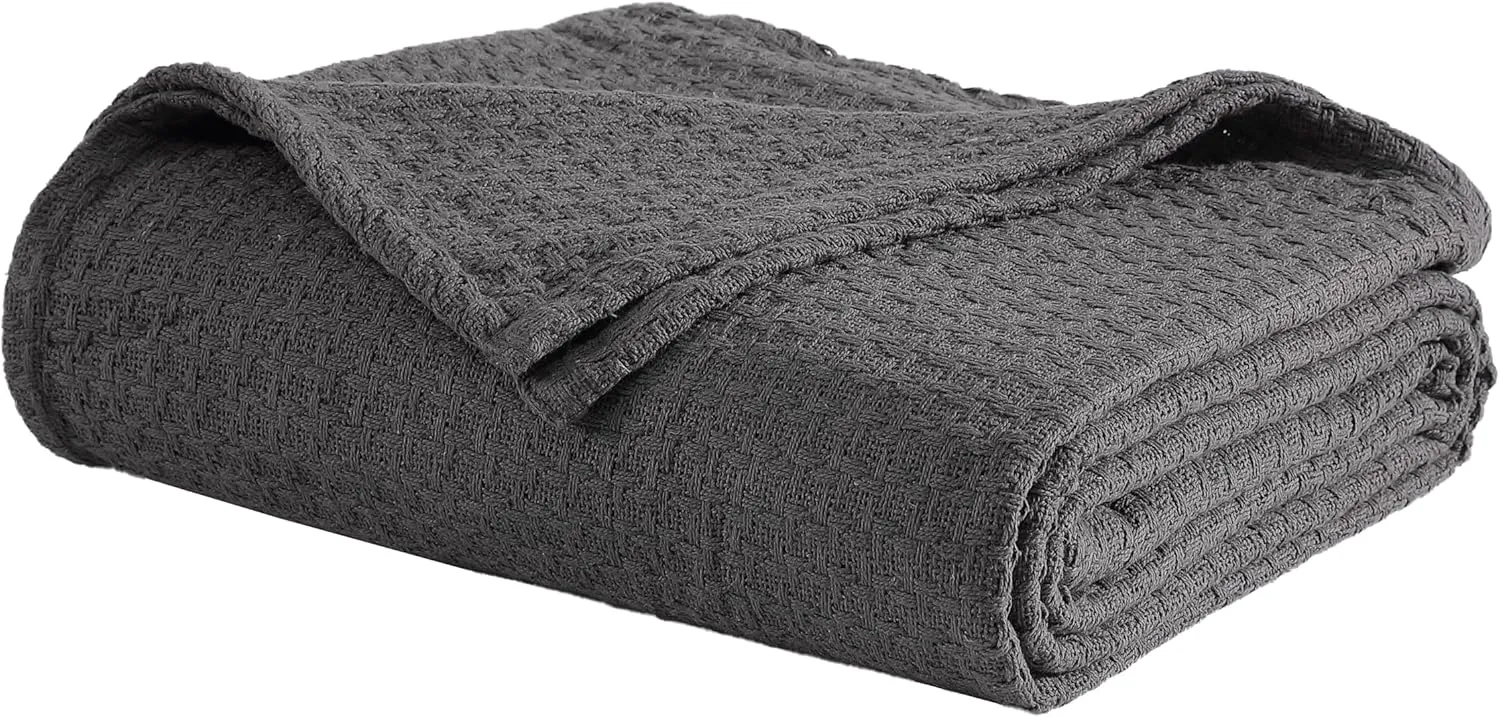 Beatrice Home Fashions Grand Hotel Lightweight All-Natural 100% Cotton Waffle Weave Blanket, Full/Queen, Dark Gray