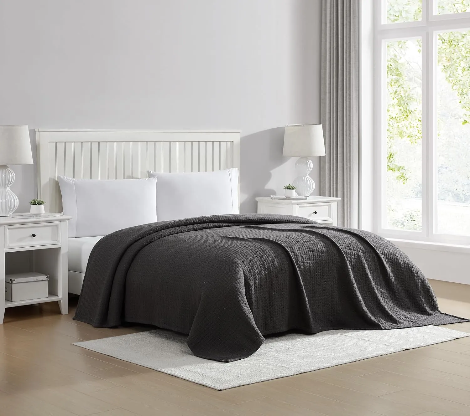Beatrice Home Fashions Grand Hotel Lightweight All-Natural 100% Cotton Waffle Weave Blanket, Full/Queen, Dark Gray