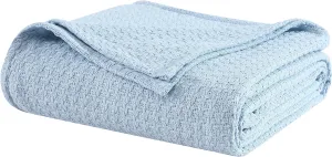 Beatrice Home Fashions Grand Hotel Lightweight All-Natural 100% Cotton Waffle Weave Blanket, Full/Queen, Pearl Blue