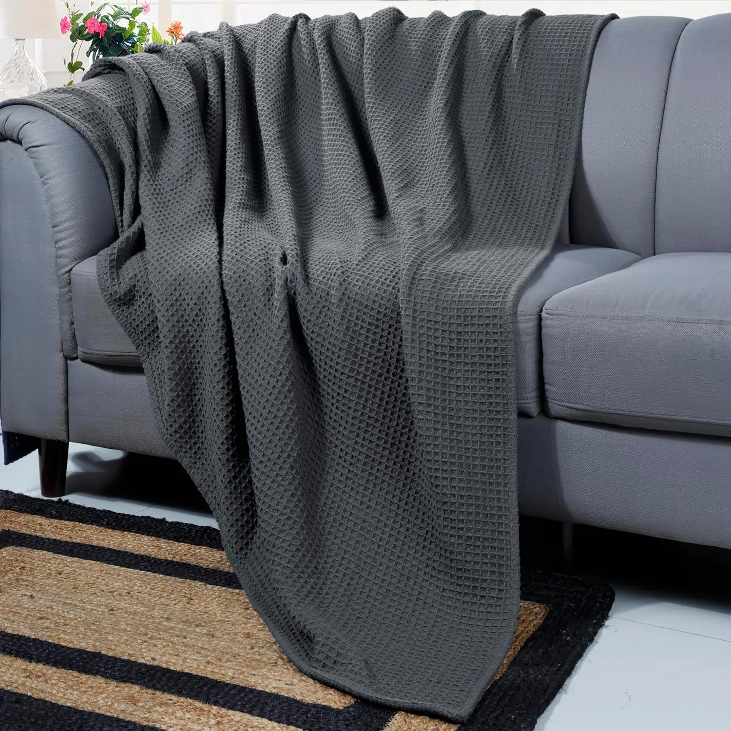 Bed Bath & Home Waffle Texture 100% Cotton Blanket - Ideal for Home Decor & Snuggle - Soft Cozy Breathable Lightweight Layering All Season Thermal Blanket Twin (60 x 90 Inches) Grey