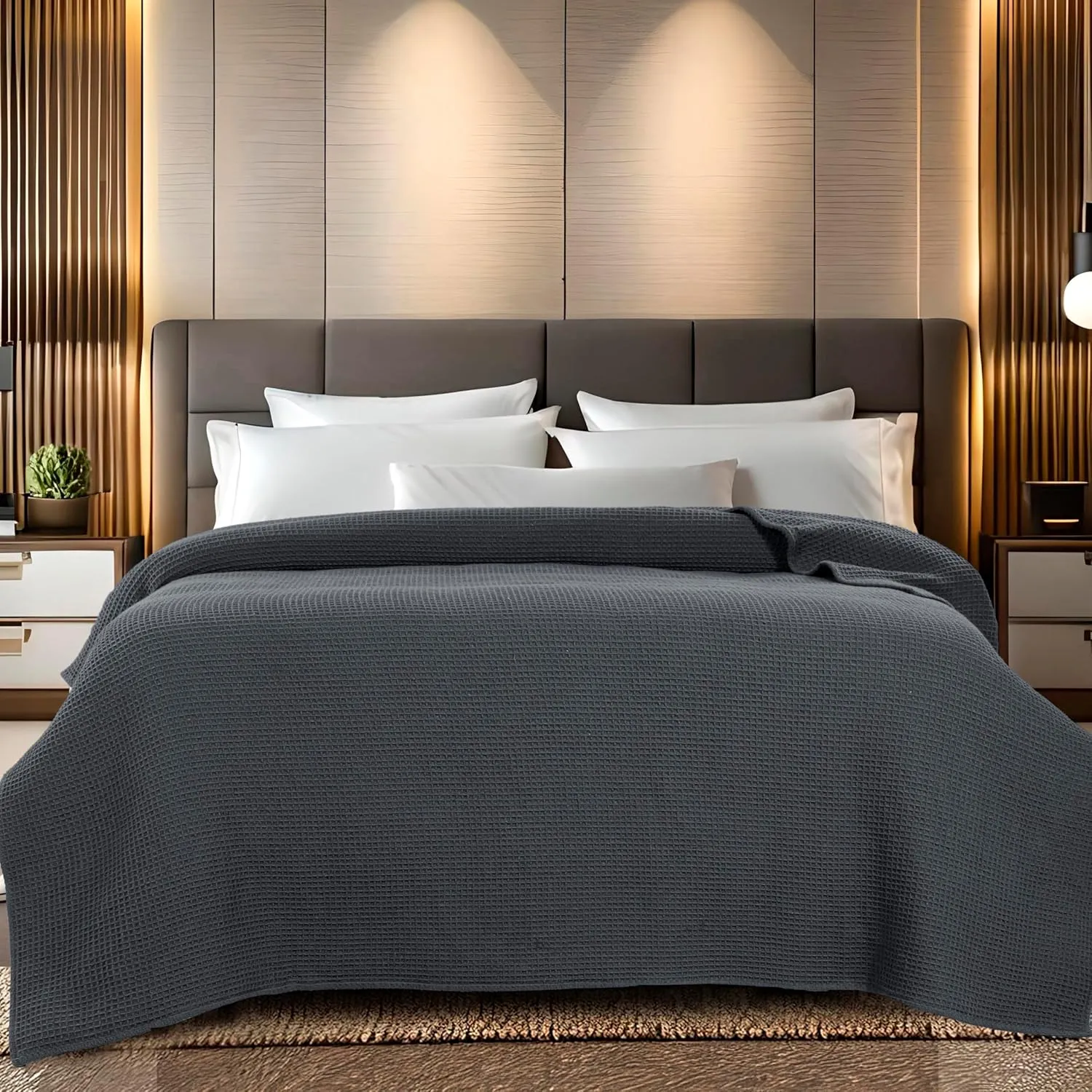 Bed Bath & Home Waffle Texture 100% Cotton Blanket - Ideal for Home Decor & Snuggle - Soft Cozy Breathable Lightweight Layering All Season Thermal Blanket Twin (60 x 90 Inches) Grey