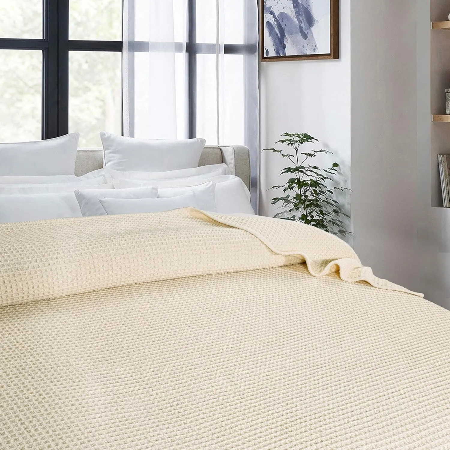 Bed Bath & Home Waffle Texture 100% Cotton Blanket - Ideal for Home Decor & Snuggle - Soft Cozy Breathable Lightweight Layering All Season Thermal Blanket Twin (60 x 90 Inches) Ivory