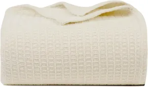 Bed Bath & Home Waffle Texture 100% Cotton Blanket - Ideal for Home Decor & Snuggle - Soft Cozy Breathable Lightweight Layering All Season Thermal Blanket Twin (60 x 90 Inches) Ivory