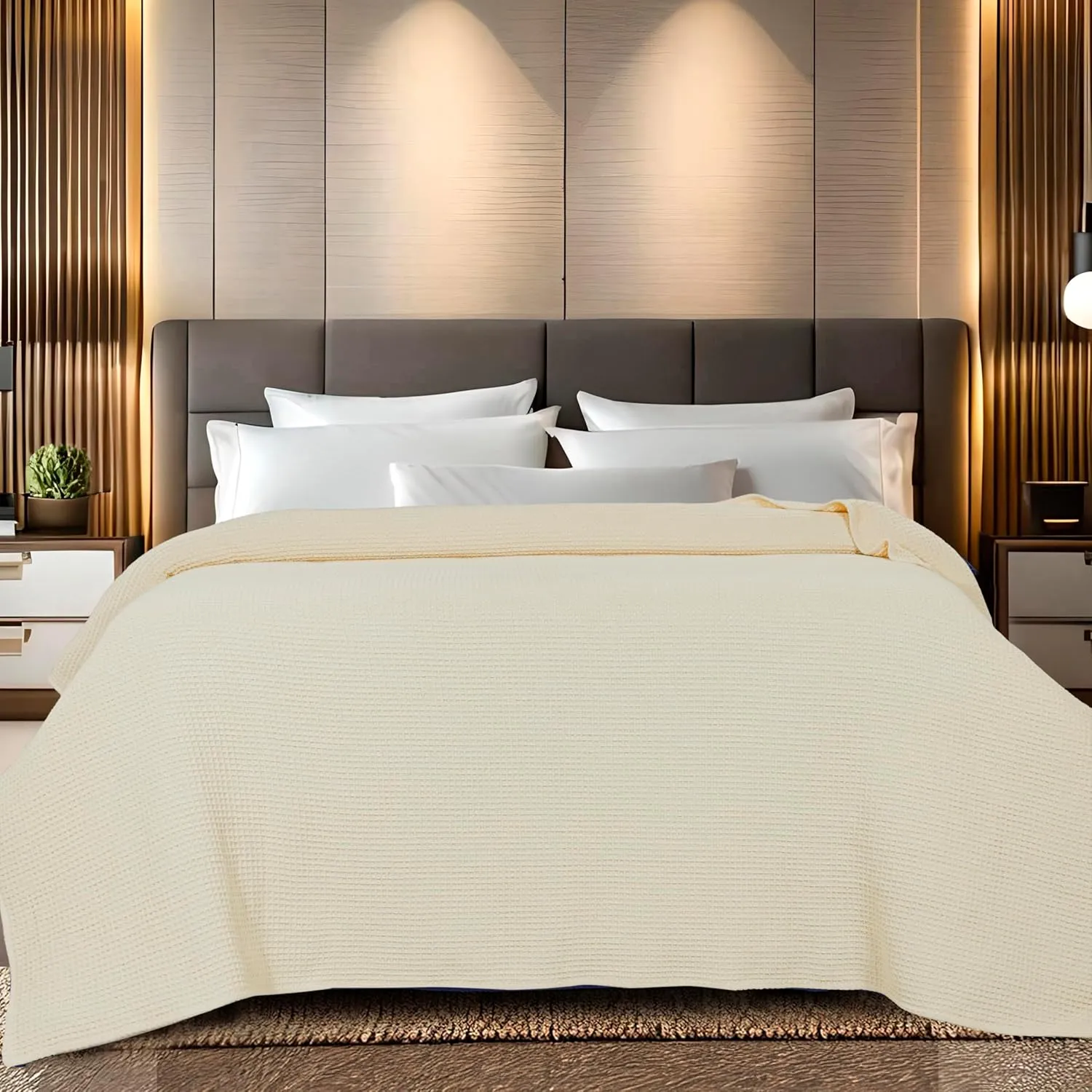 Bed Bath & Home Waffle Texture 100% Cotton Blanket - Ideal for Home Decor & Snuggle - Soft Cozy Breathable Lightweight Layering All Season Thermal Blanket Twin (60 x 90 Inches) Ivory
