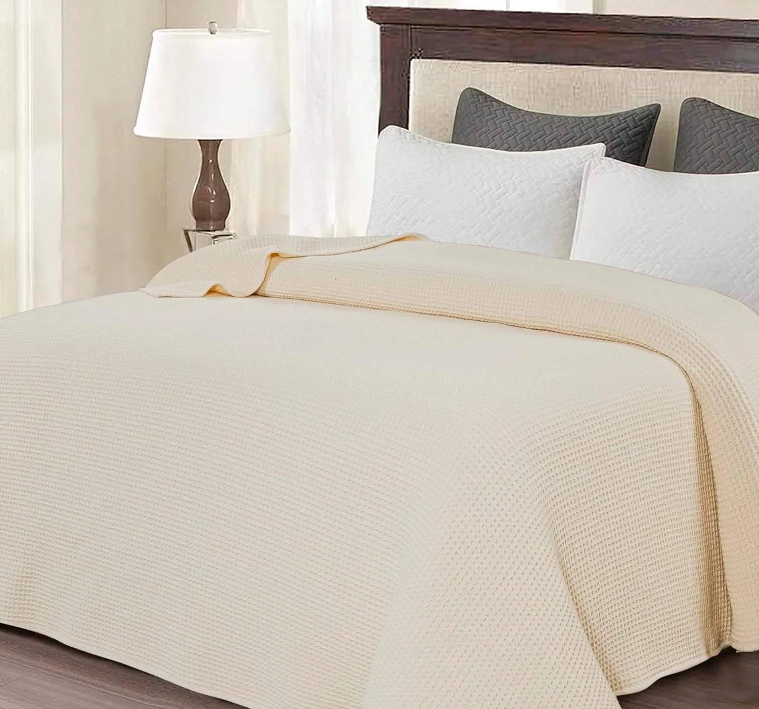 Bed Bath & Home Waffle Texture 100% Cotton Blanket - Ideal for Home Decor & Snuggle - Soft Cozy Breathable Lightweight Layering All Season Thermal Blanket Twin (60 x 90 Inches) Ivory