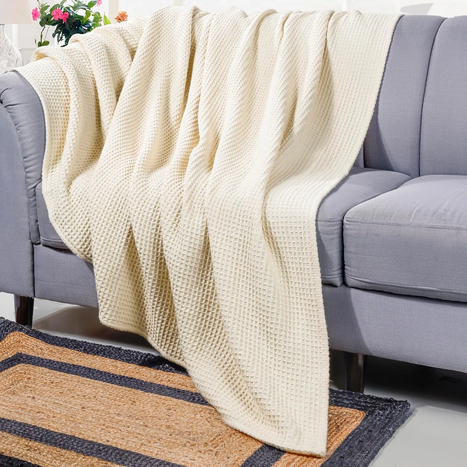 Bed Bath & Home Waffle Texture 100% Cotton Blanket - Ideal for Home Decor & Snuggle - Soft Cozy Breathable Lightweight Layering All Season Thermal Blanket Twin (60 x 90 Inches) Ivory