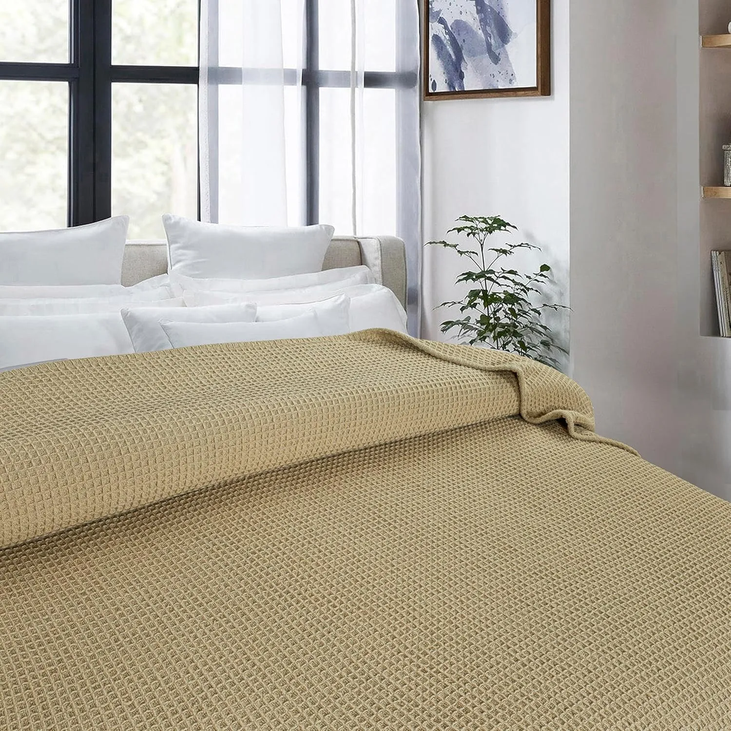 Bed Bath & Home Waffle Texture 100% Cotton Blanket - Ideal for Home Decor & Snuggle - Soft Cozy Breathable Lightweight Layering All Season Thermal Blanket Twin (60 x 90 Inches) Khaki
