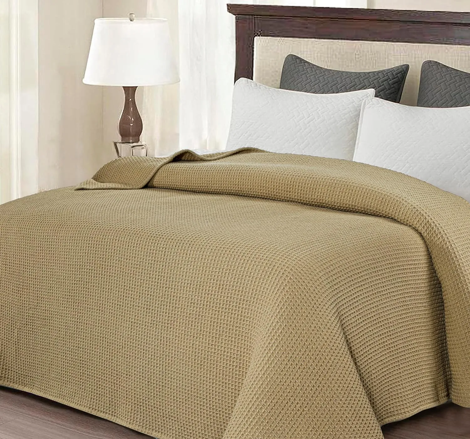 Bed Bath & Home Waffle Texture 100% Cotton Blanket - Ideal for Home Decor & Snuggle - Soft Cozy Breathable Lightweight Layering All Season Thermal Blanket Twin (60 x 90 Inches) Khaki