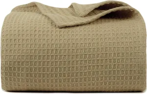 Bed Bath & Home Waffle Texture 100% Cotton Blanket - Ideal for Home Decor & Snuggle - Soft Cozy Breathable Lightweight Layering All Season Thermal Blanket Twin (60 x 90 Inches) Khaki
