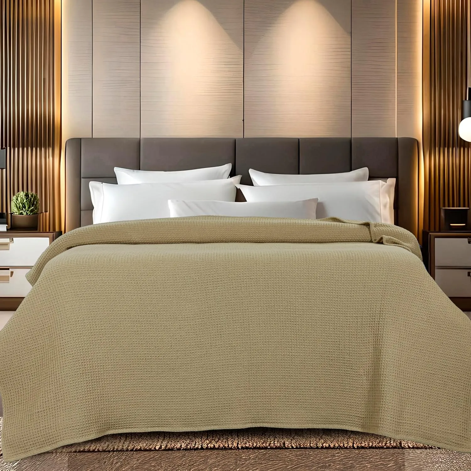 Bed Bath & Home Waffle Texture 100% Cotton Blanket - Ideal for Home Decor & Snuggle - Soft Cozy Breathable Lightweight Layering All Season Thermal Blanket Twin (60 x 90 Inches) Khaki