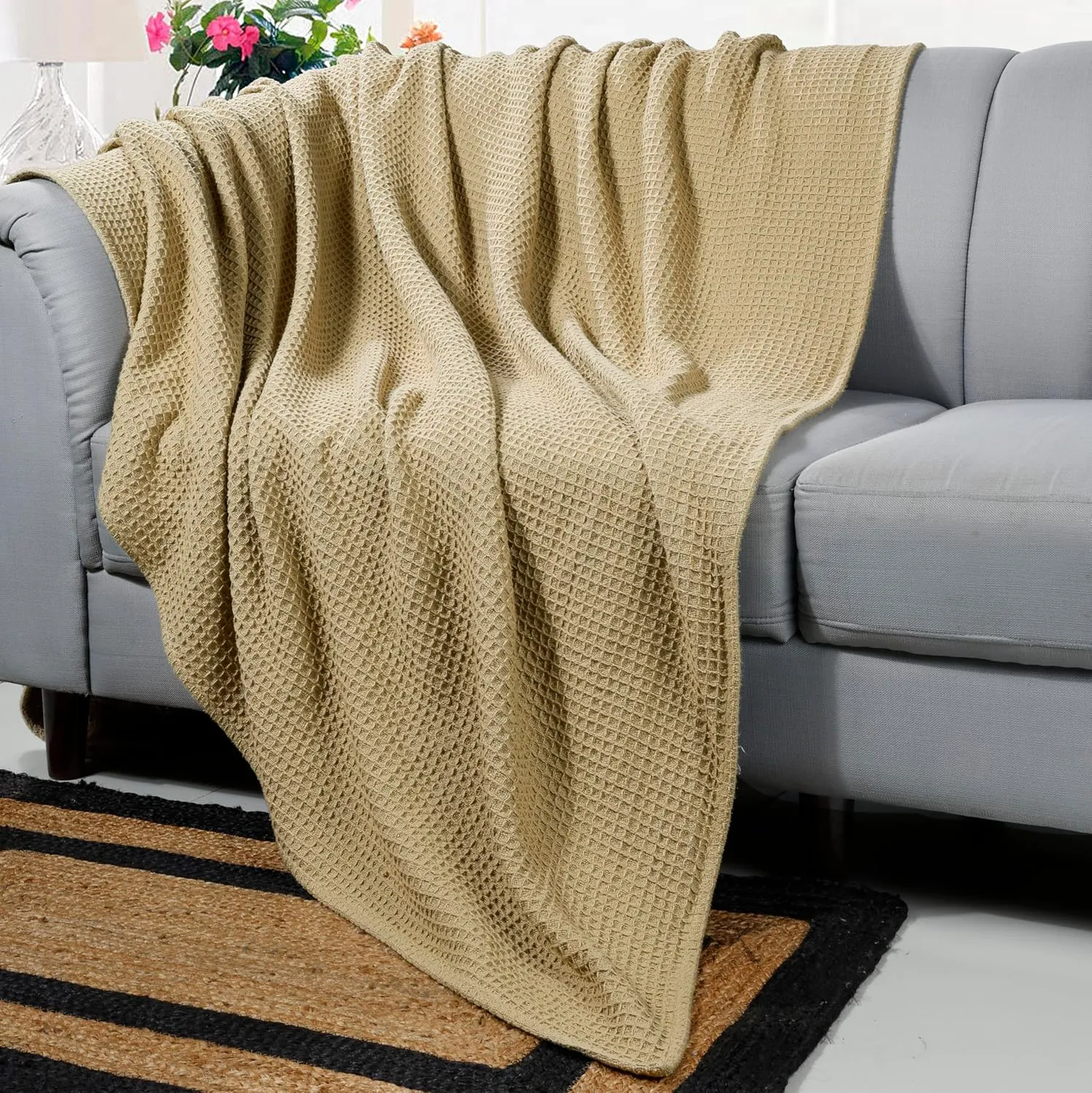 Bed Bath & Home Waffle Texture 100% Cotton Blanket - Ideal for Home Decor & Snuggle - Soft Cozy Breathable Lightweight Layering All Season Thermal Blanket Twin (60 x 90 Inches) Khaki
