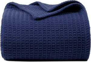 Bed Bath & Home Waffle Texture 100% Cotton Blanket - Ideal for Home Decor & Snuggle - Soft Cozy Breathable Lightweight Layering All Season Thermal Blanket Twin (60 x 90 Inches) Navy Blue
