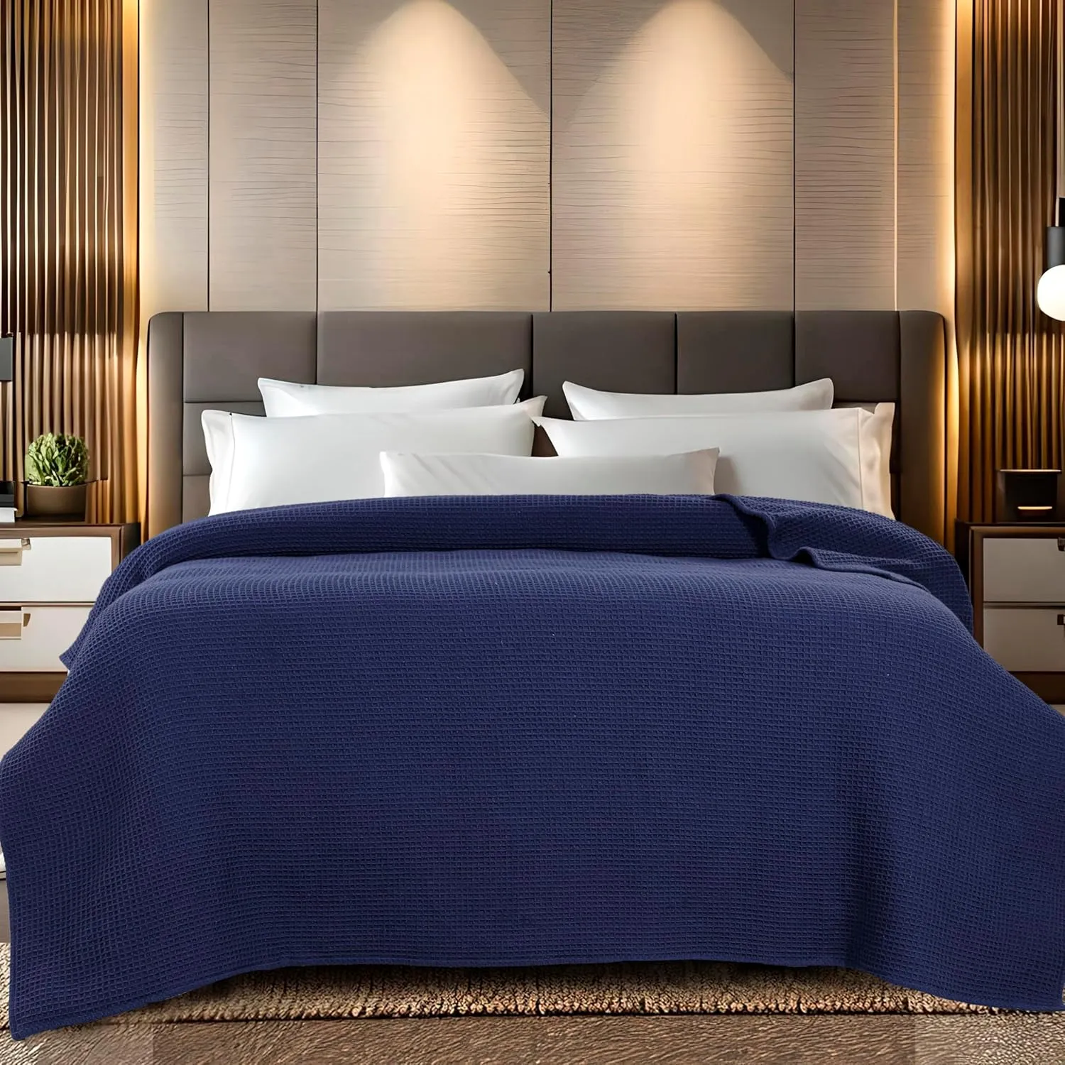 Bed Bath & Home Waffle Texture 100% Cotton Blanket - Ideal for Home Decor & Snuggle - Soft Cozy Breathable Lightweight Layering All Season Thermal Blanket Twin (60 x 90 Inches) Navy Blue
