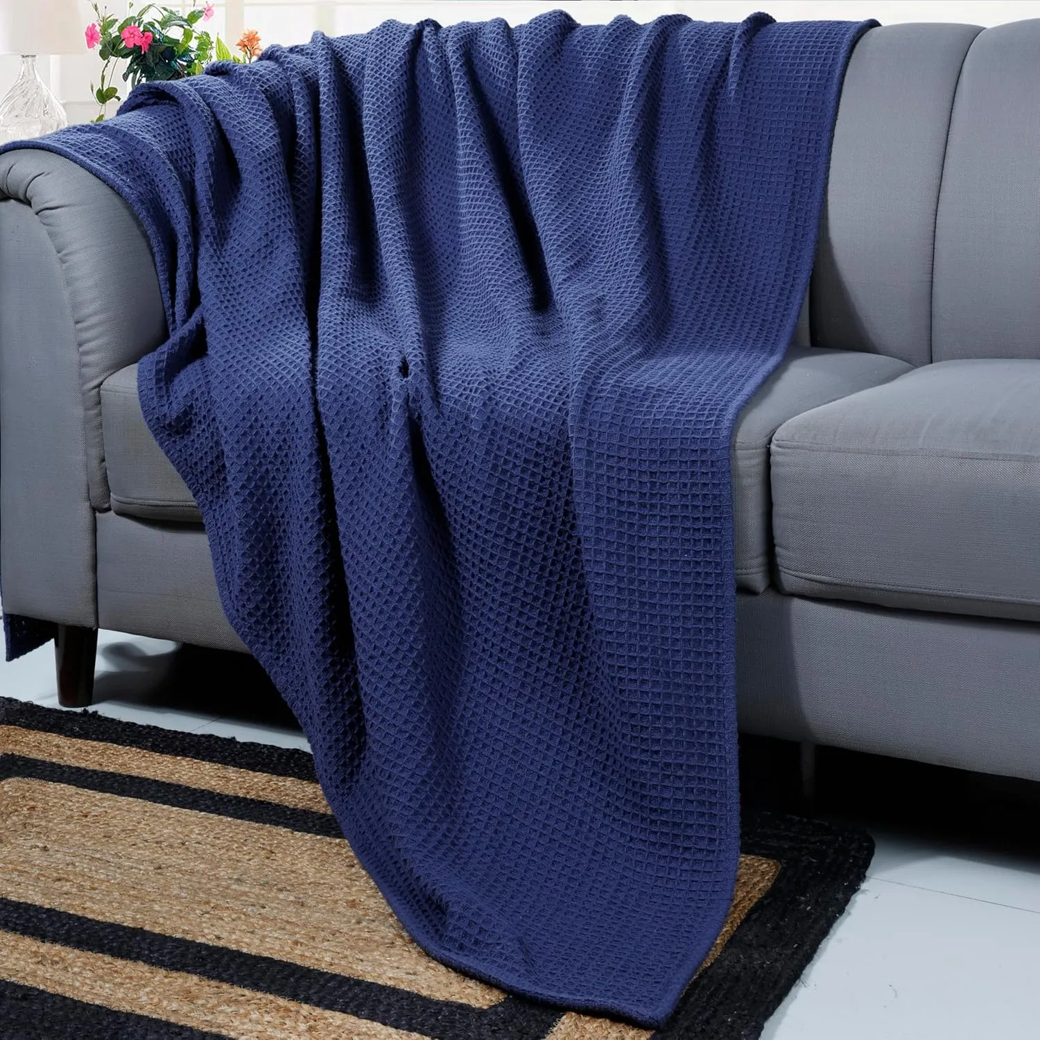 Bed Bath & Home Waffle Texture 100% Cotton Blanket - Ideal for Home Decor & Snuggle - Soft Cozy Breathable Lightweight Layering All Season Thermal Blanket Twin (60 x 90 Inches) Navy Blue