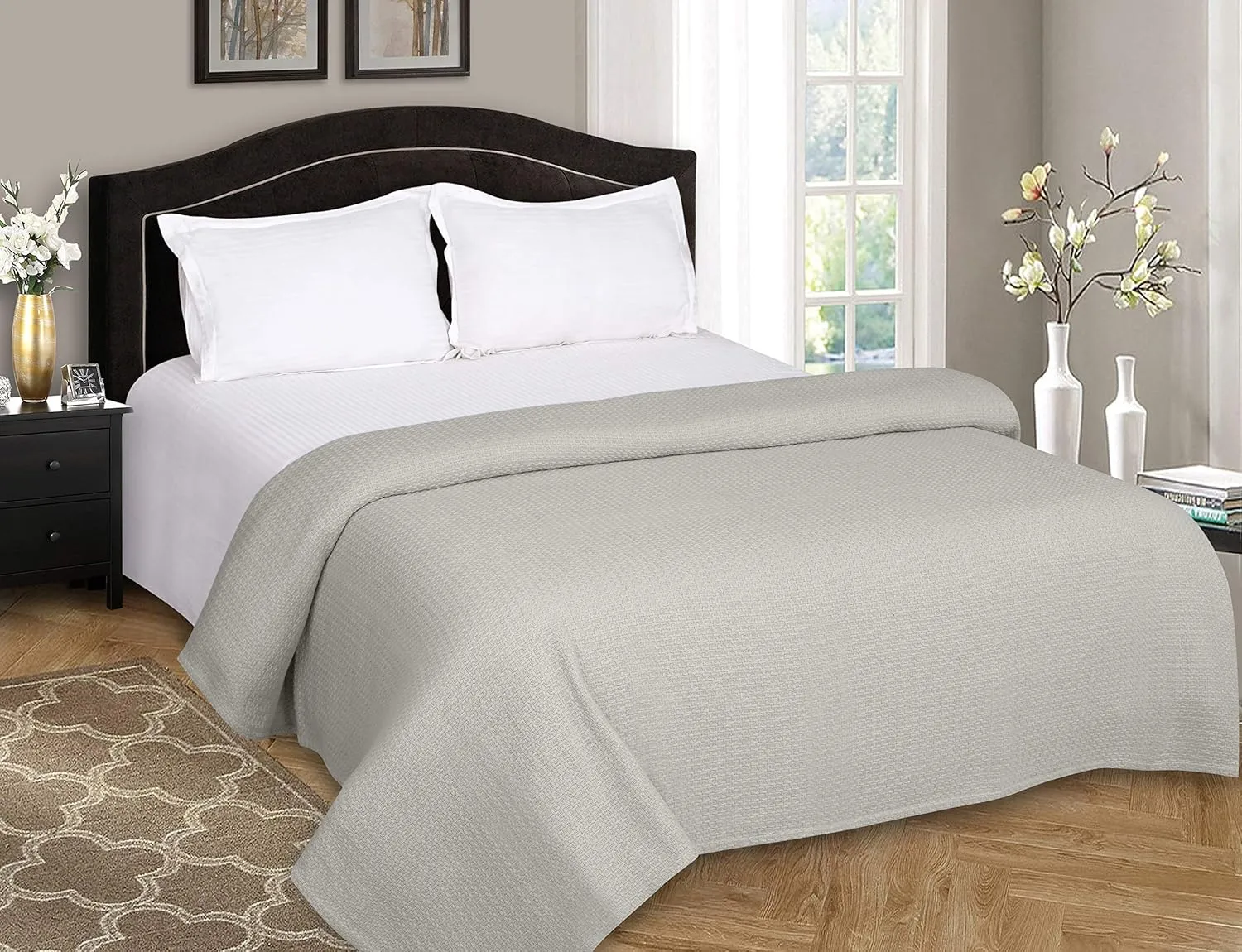 BELIZZI HOME 100% Cotton Bed Blanket, Breathable Bed Blanket Full Queen Size, Cotton Thermal Blankets Full Queen, Perfect for Layering Any Bed for All Season, Light Grey